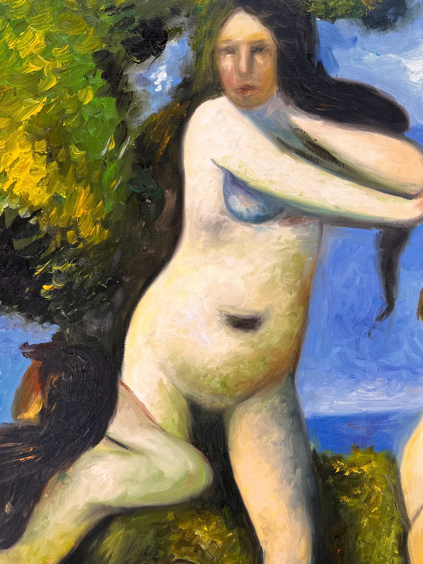 Baigneuses (según Paul Cézanne) – Óleo sobre lienzo postimpresionista pintado a mano (64 × 80 cm)