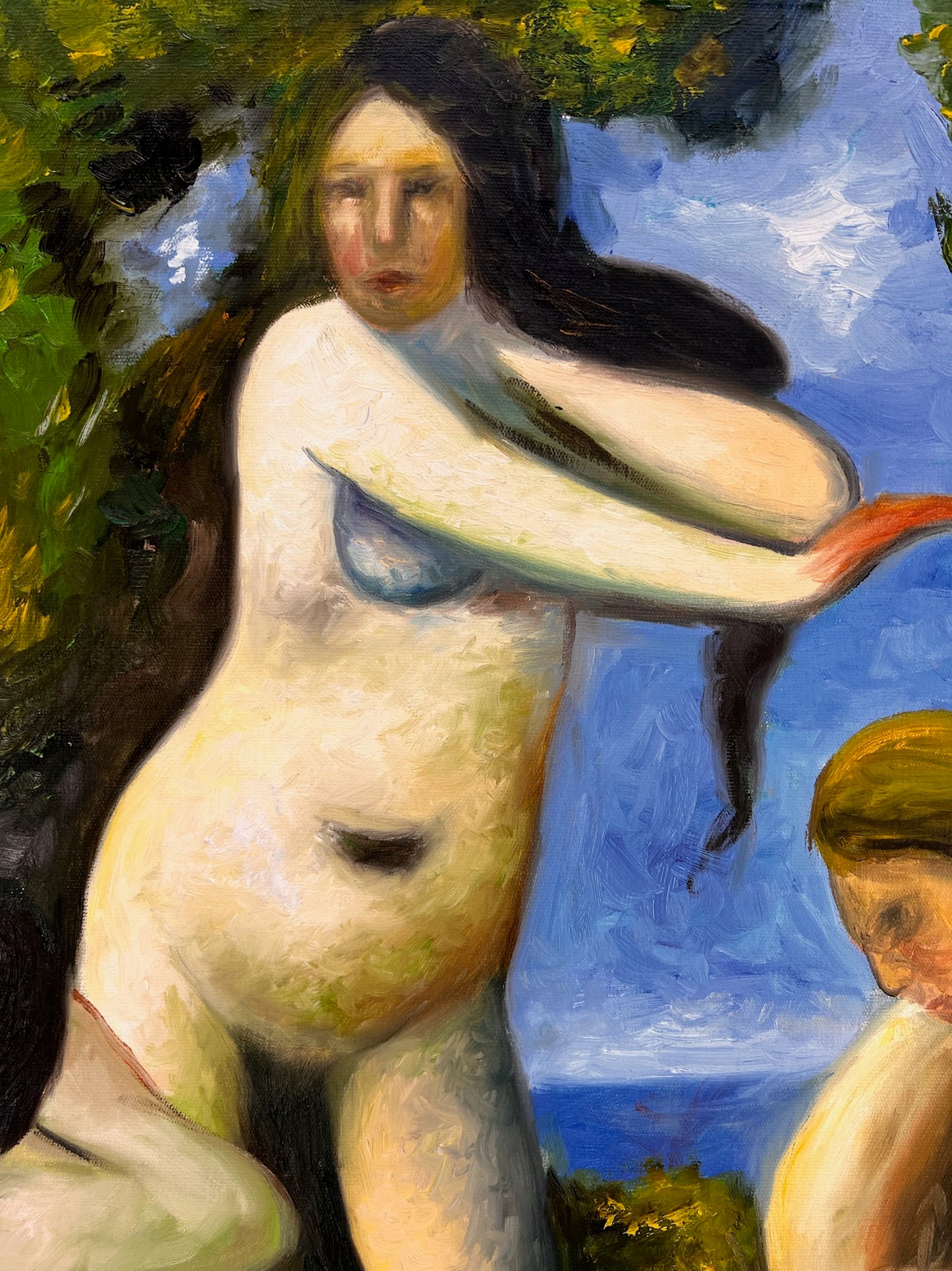 Baigneuses (según Paul Cézanne) – Óleo sobre lienzo postimpresionista pintado a mano (64 × 80 cm)