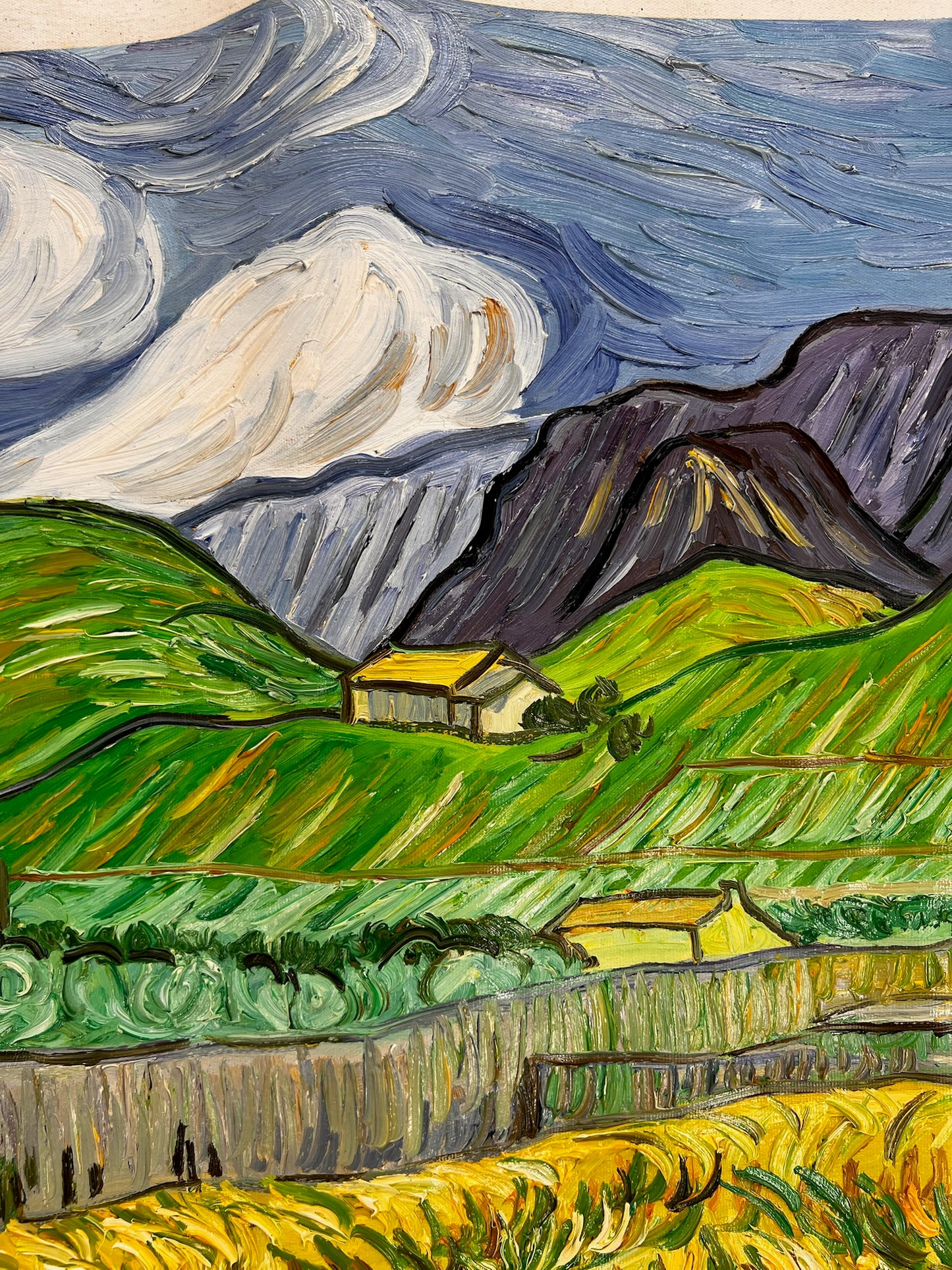 Pintura al óleo pintada a mano de Van Gogh: Paisaje detrás del hospital Saint-Paul (70 × 88,1 cm lienzo enrollado)