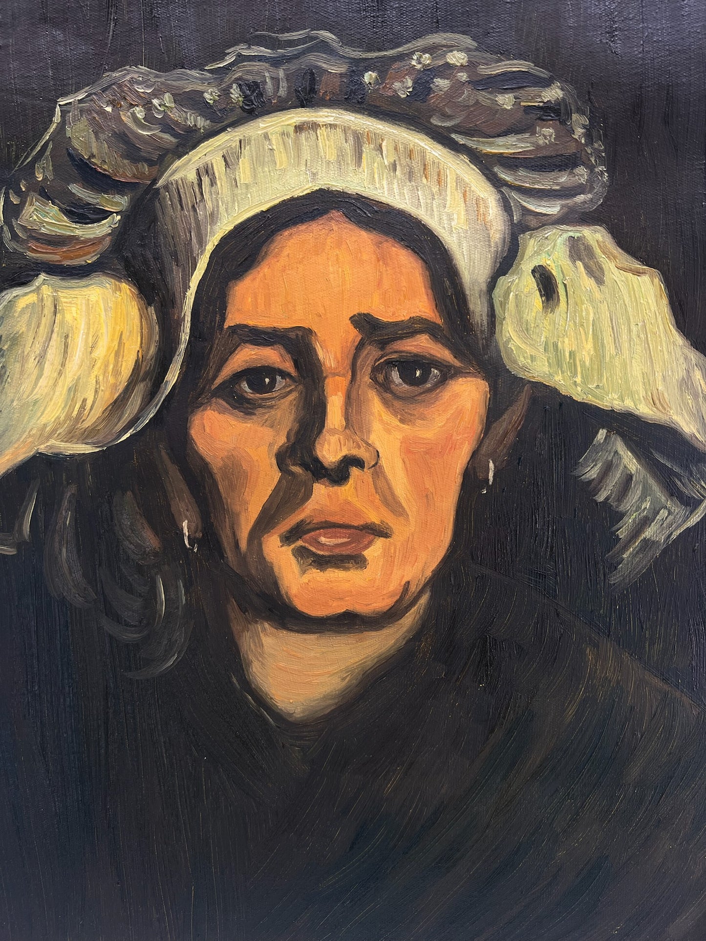 Cabeza de mujer (según Vincent van Gogh) – Pintura al óleo pintada a mano sobre lienzo (42,7 × 33,5 cm)