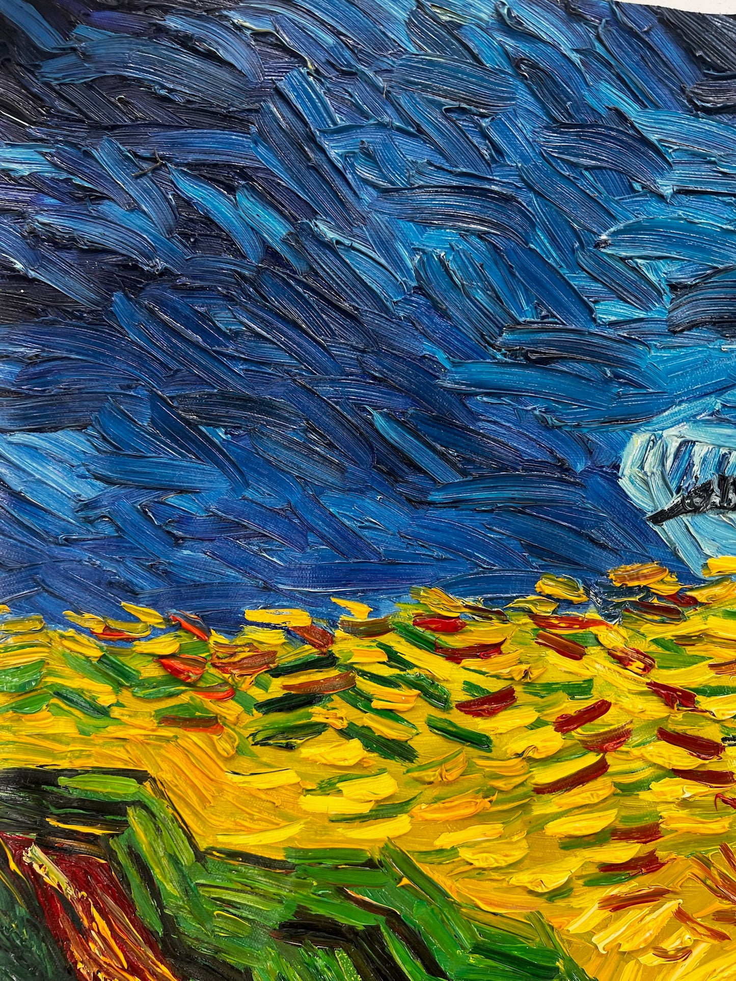 Campo de trigo con cuervos – Pintura al óleo expresionista sobre lienzo (50,5 × 103 cm)