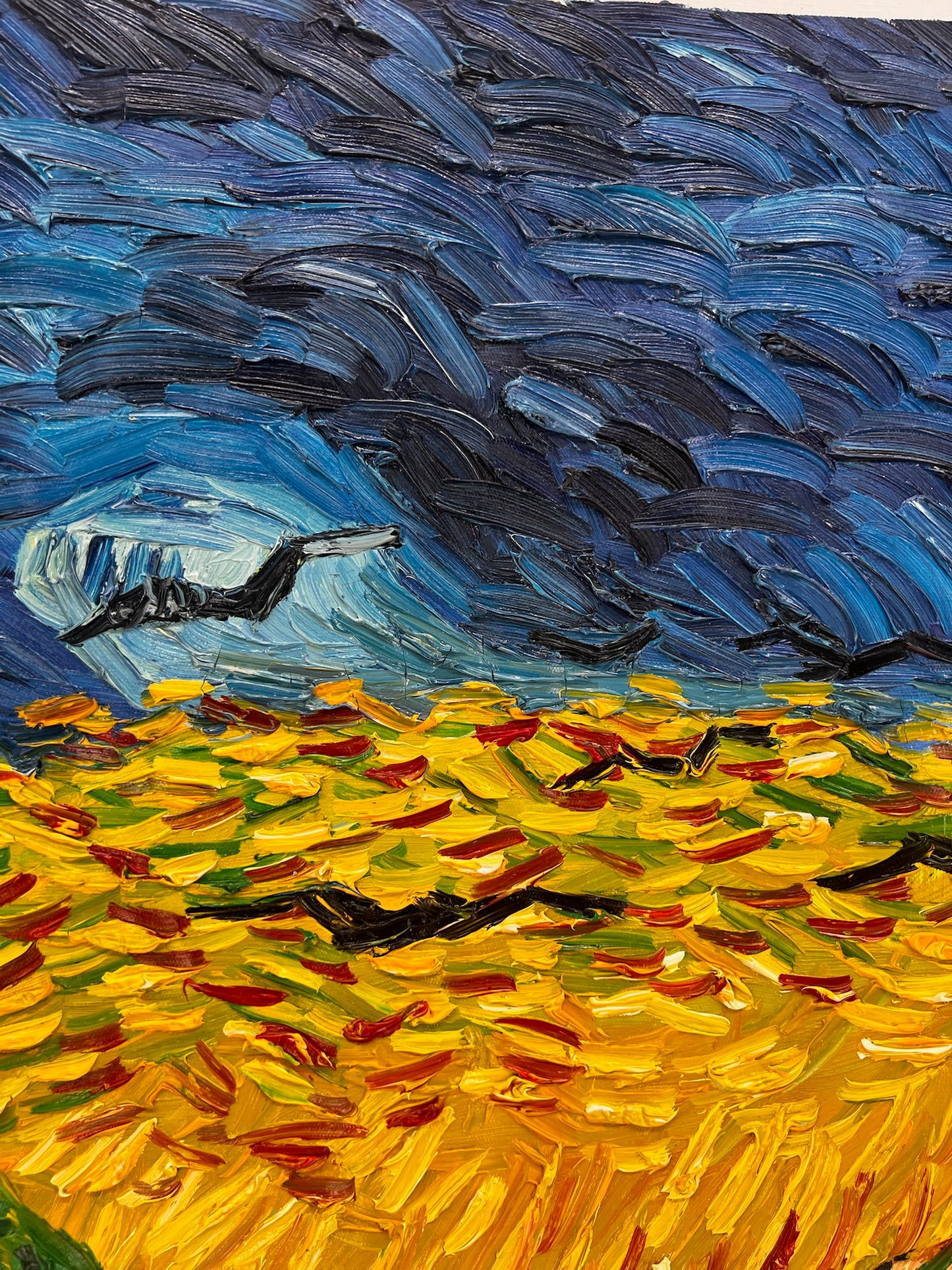 Campo de trigo con cuervos – Pintura al óleo expresionista sobre lienzo (50,5 × 103 cm)