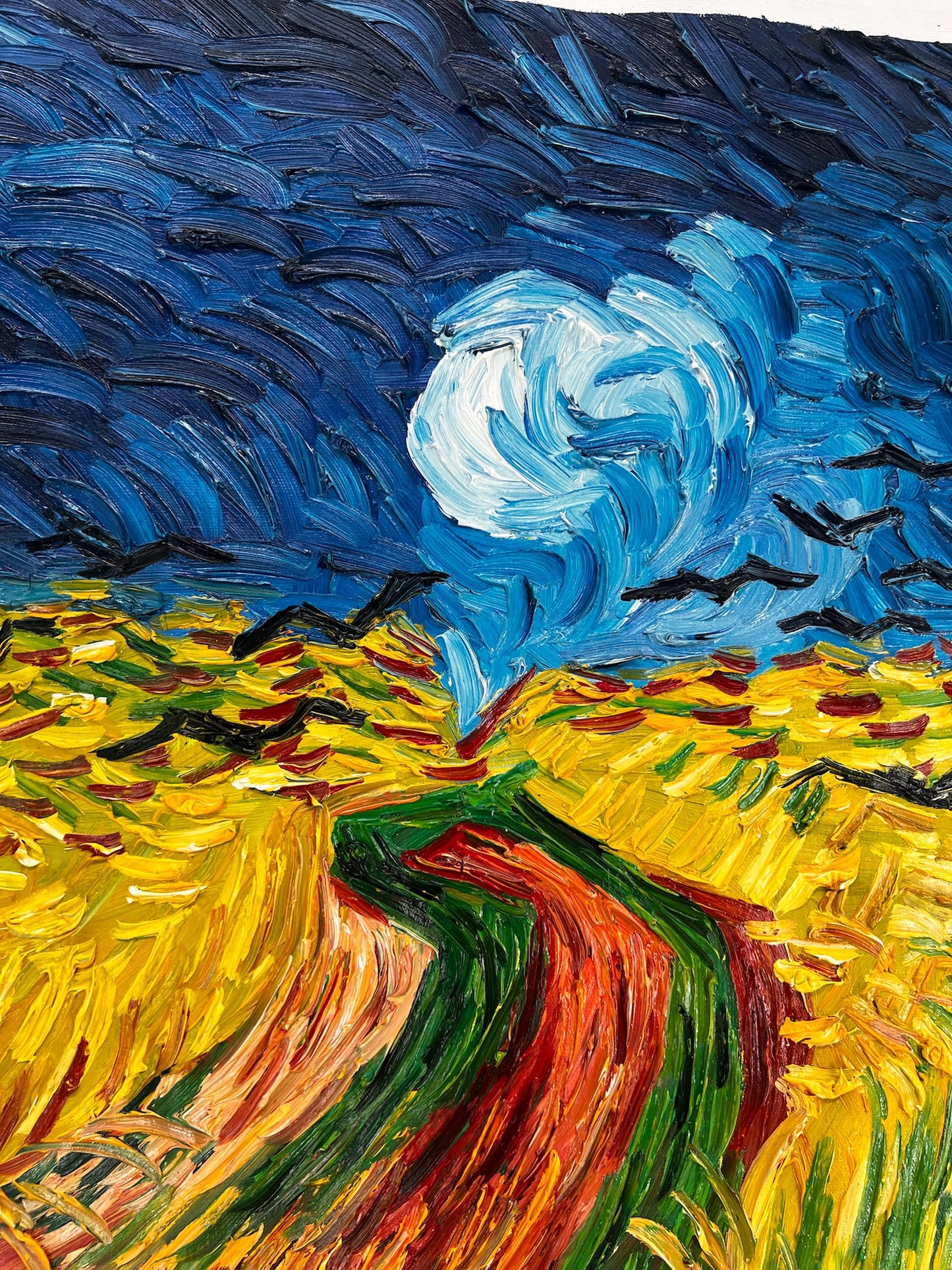 Campo de trigo con cuervos – Pintura al óleo expresionista sobre lienzo (50,5 × 103 cm)