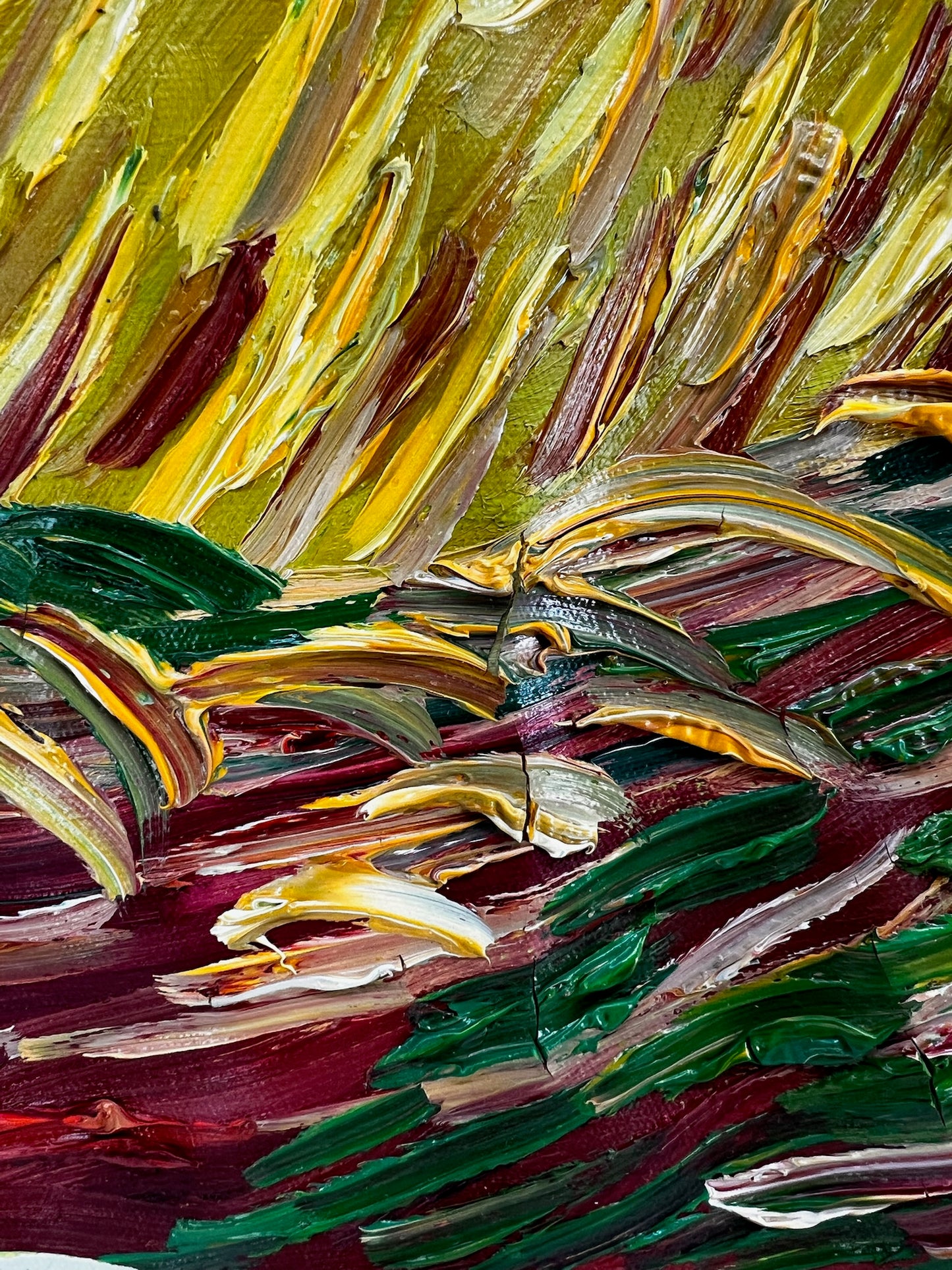 Campo de trigo con cuervos – Pintura al óleo expresionista sobre lienzo (50,5 × 103 cm)
