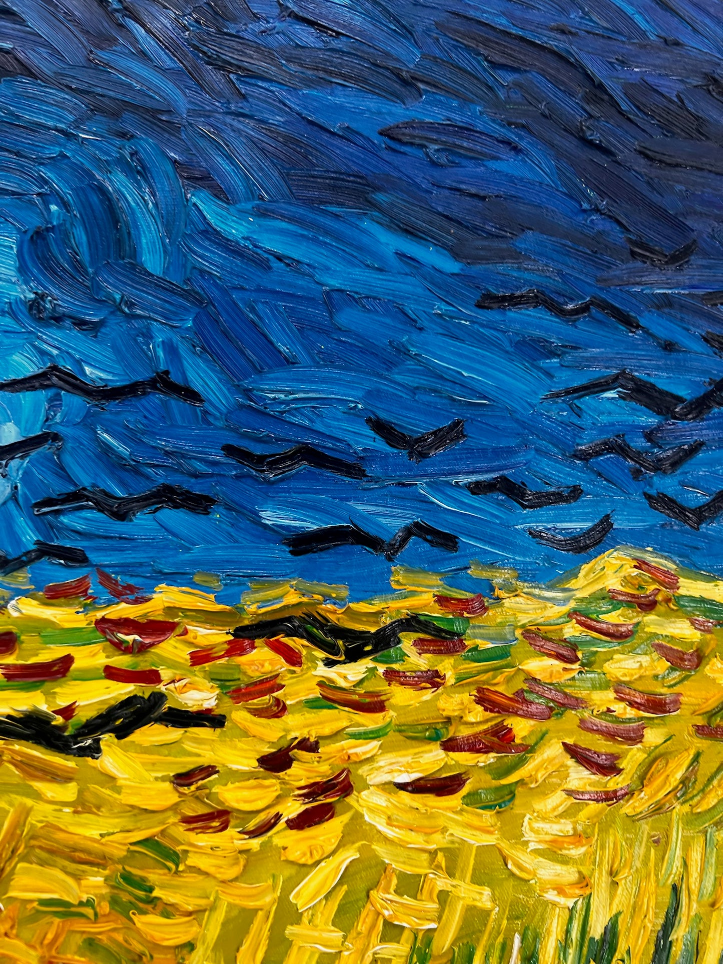 Campo de trigo con cuervos – Pintura al óleo expresionista sobre lienzo (50,5 × 103 cm)