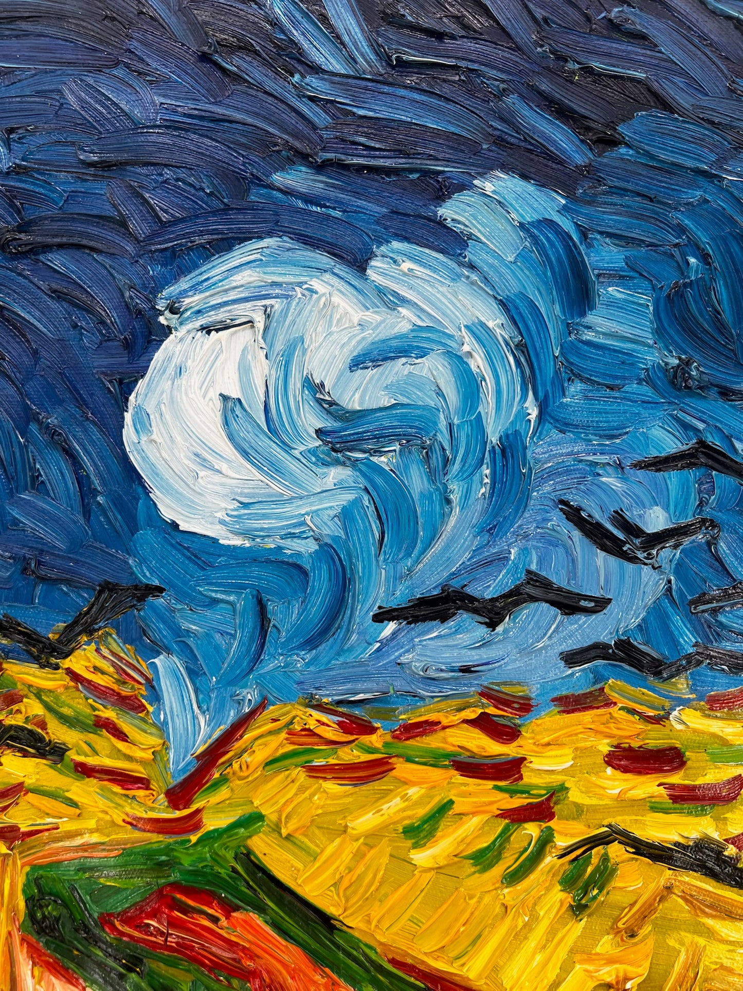 Campo de trigo con cuervos – Pintura al óleo expresionista sobre lienzo (50,5 × 103 cm)