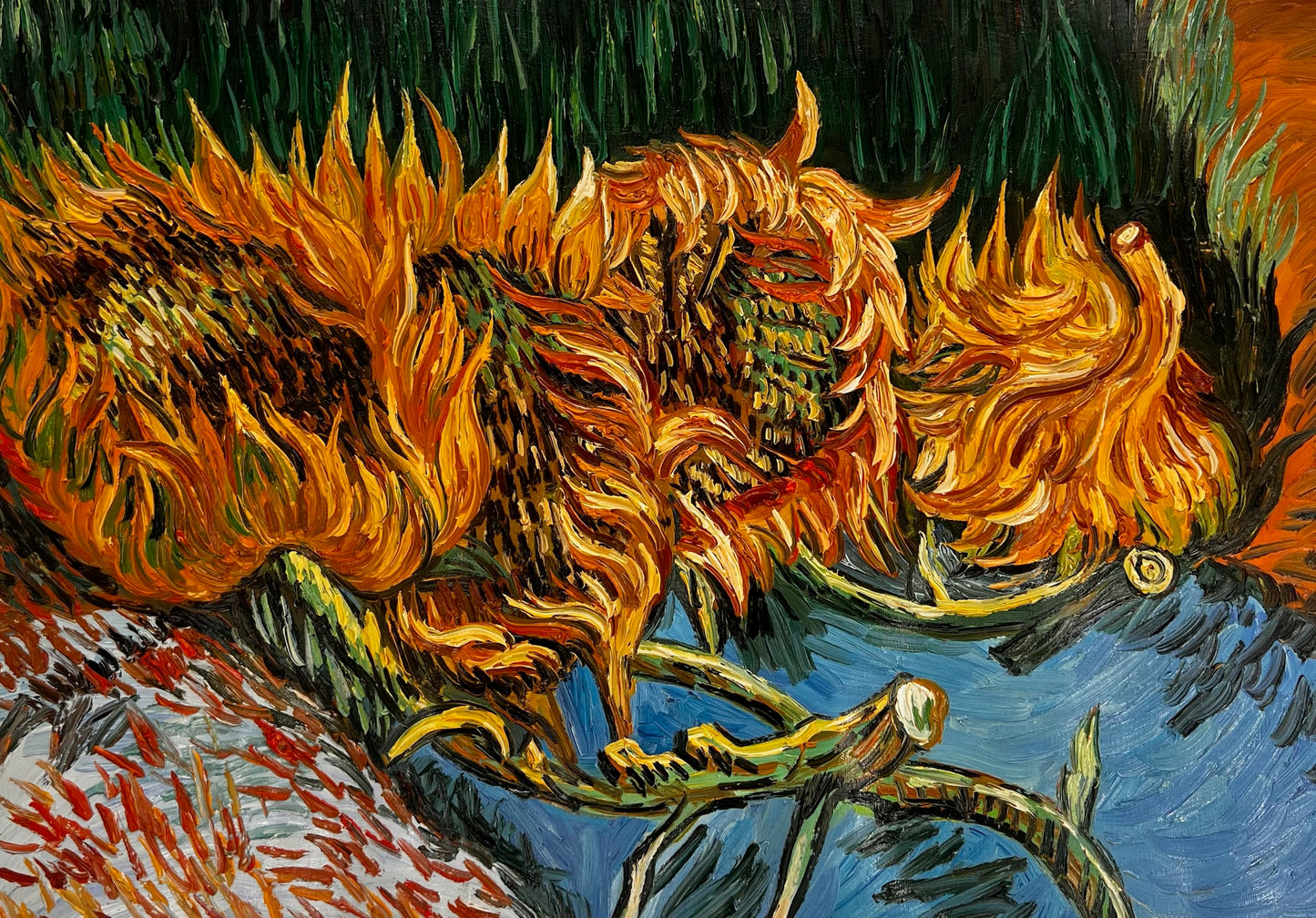 Naturaleza muerta con dos girasoles – Pintura al óleo postimpresionista sobre lienzo (43 × 24,5 cm)