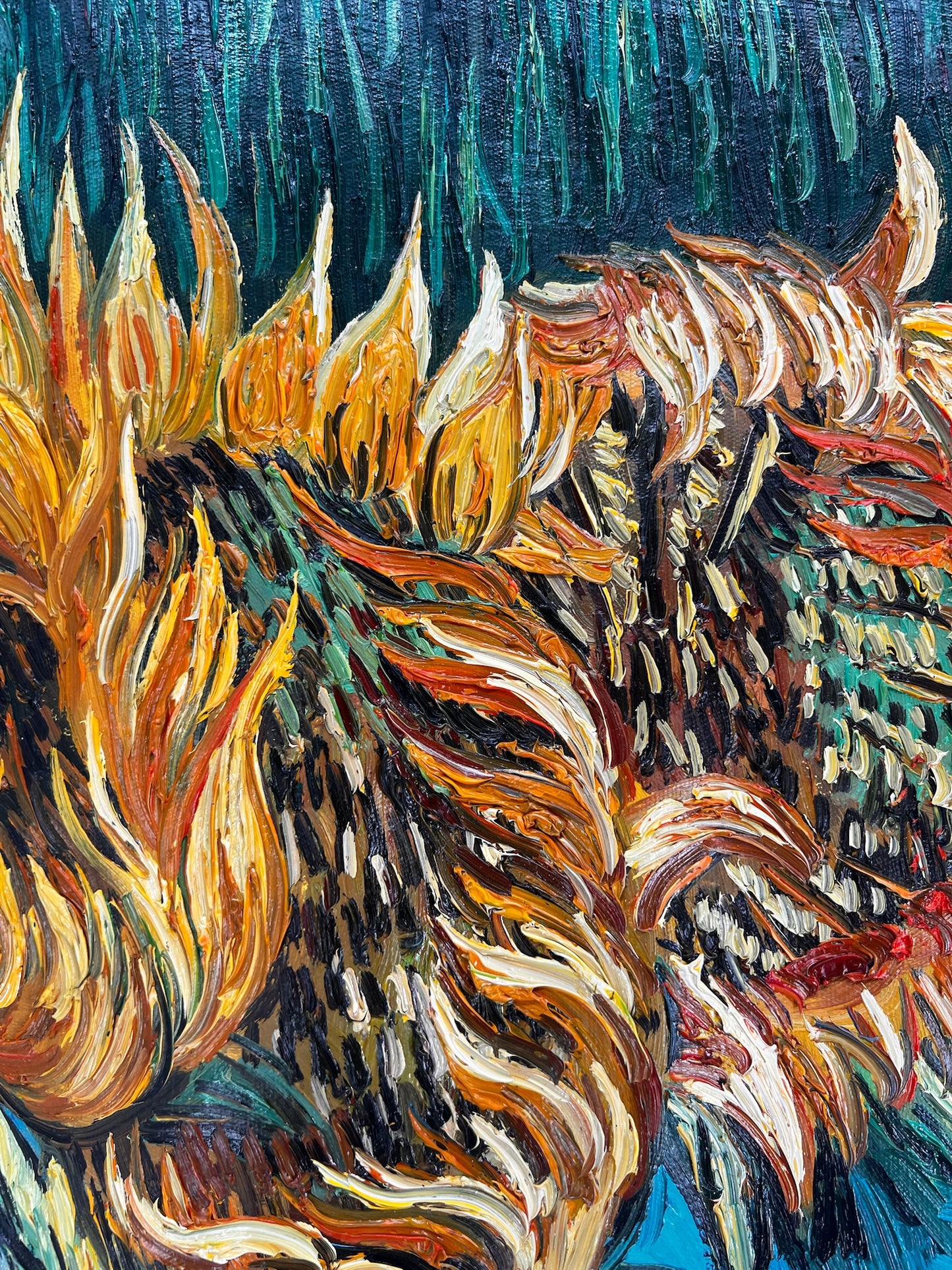 Naturaleza muerta con dos girasoles – Pintura al óleo postimpresionista sobre lienzo (43 × 24,5 cm)