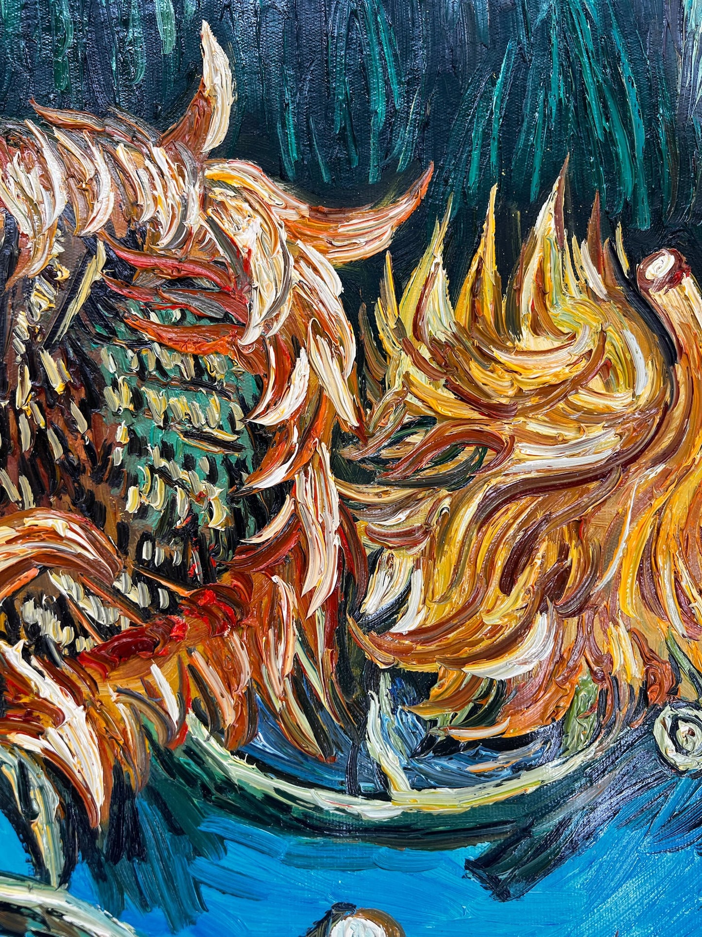 Naturaleza muerta con dos girasoles – Pintura al óleo postimpresionista sobre lienzo (43 × 24,5 cm)