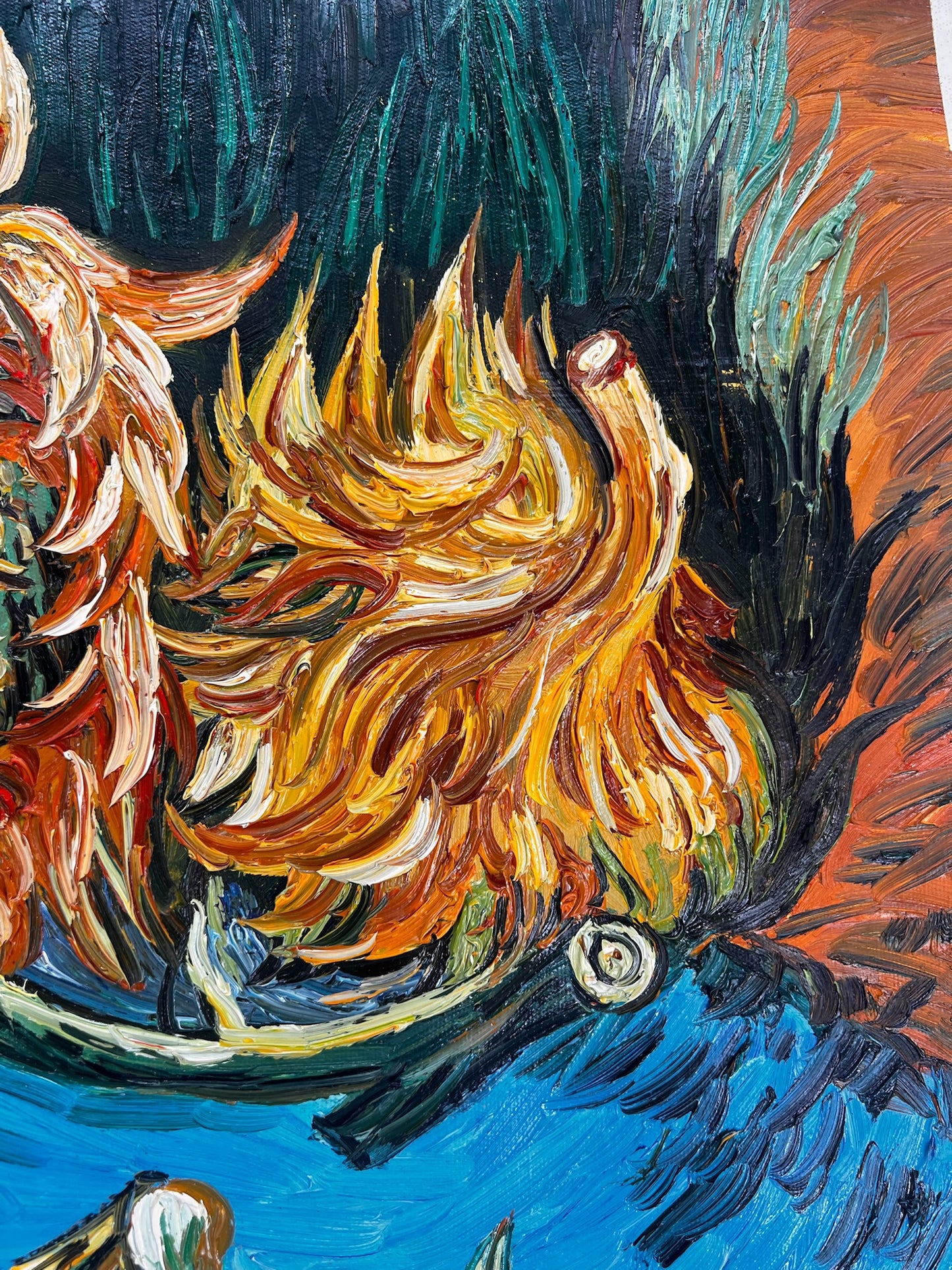 Naturaleza muerta con dos girasoles – Pintura al óleo postimpresionista sobre lienzo (43 × 24,5 cm)
