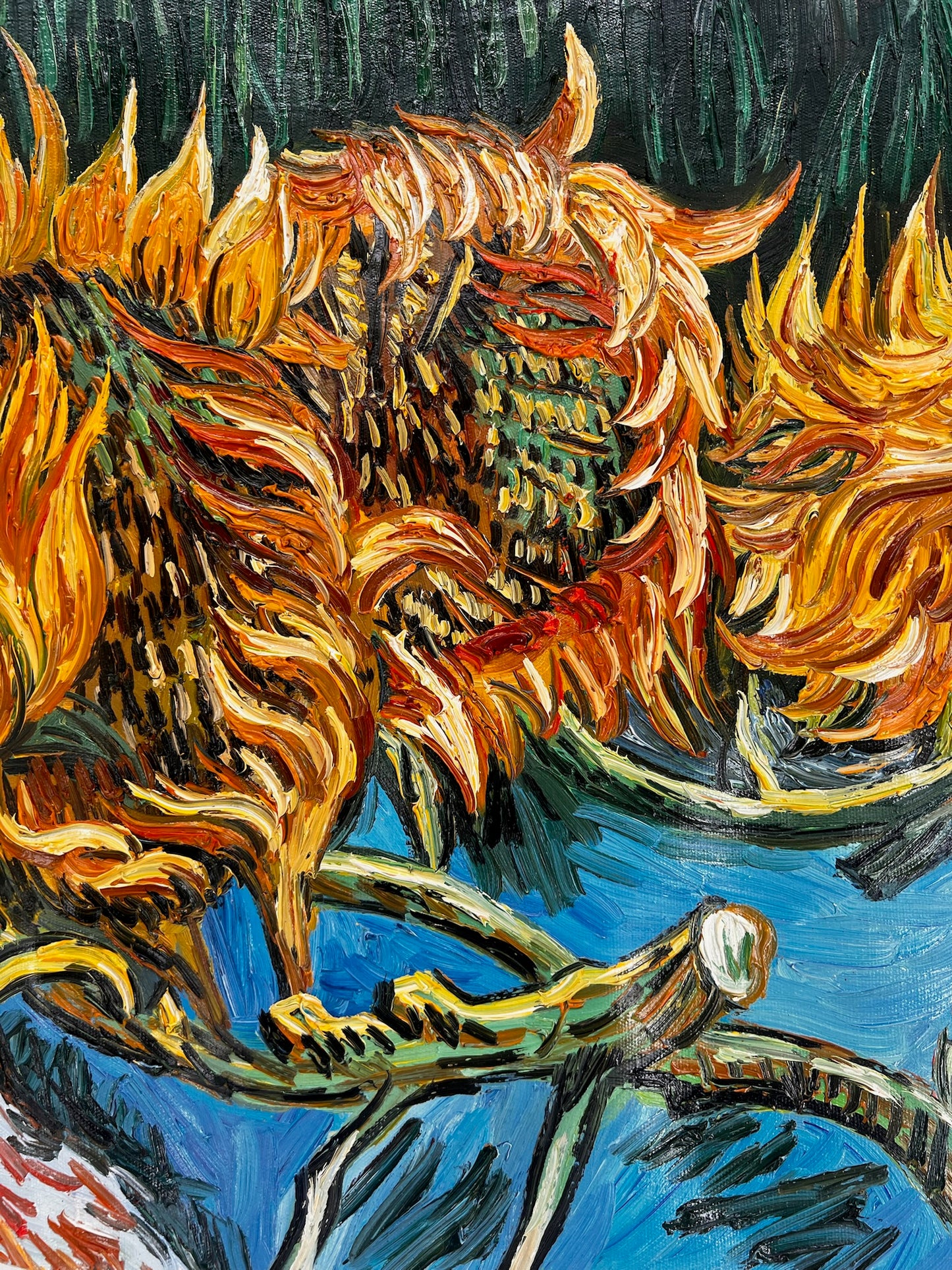 Naturaleza muerta con dos girasoles – Pintura al óleo postimpresionista sobre lienzo (43 × 24,5 cm)